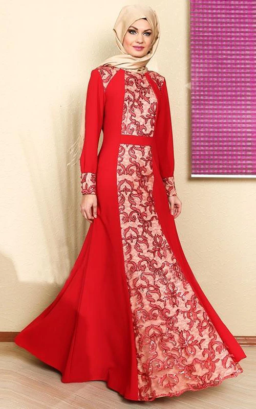 Elegante vestido de fiesta rojo de manga larga con apliques.