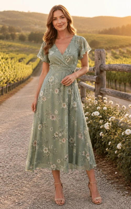 Sage Rustic Vineyard Wedding Guest Bridesmaid Cocktail Formal Dress A-Line Tea-Length V-Neck Short Sleeve Chiffon Floral Print Embroidered Zipper Back