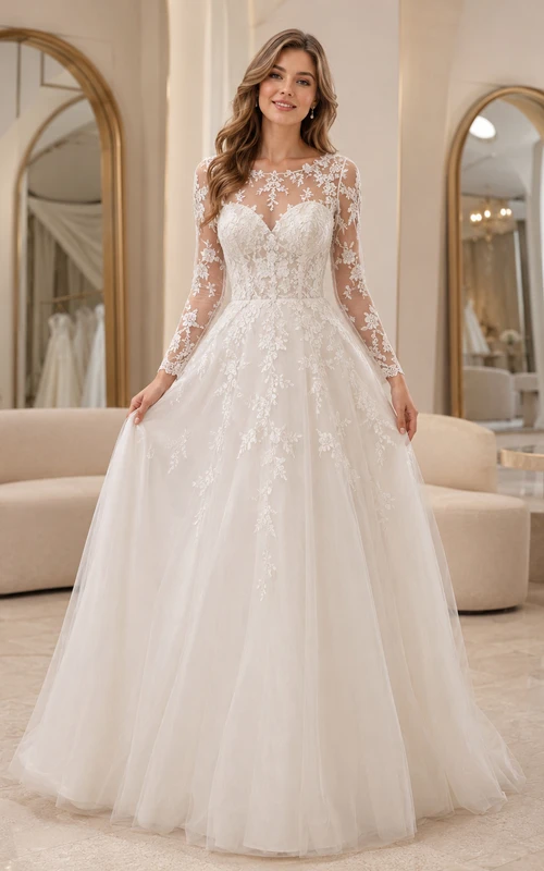 Robe de mariée classique en dentelle et tulle transparent, col montant, manches longues transparentes, coupe trapèze, traîne chapelle, applications florales, dos illusion