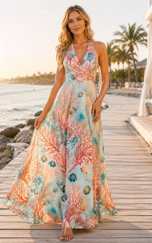 Coral Reef Print Halter Tie Back Resort Maxi Dress