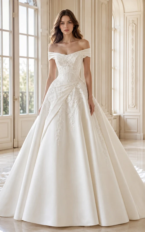 Robe de mariée classique en satin et dentelle, épaules dénudées, traîne chapelle, longueur au sol