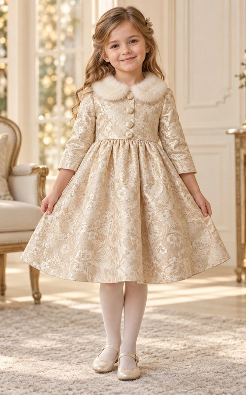 Vintage Teelanges Champagner Dreiviertelärmel Knopf Brokat Blumenmädchenkleid
