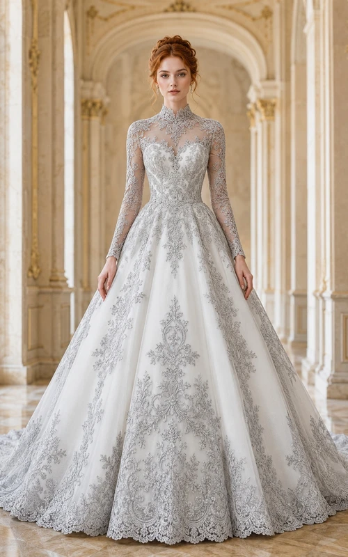 Graues Ballkleid aus Spitze, Brautkleid mit hohem Kragen, langen Ärmeln, bodenlanger Kathedralenschleppe, schlicht