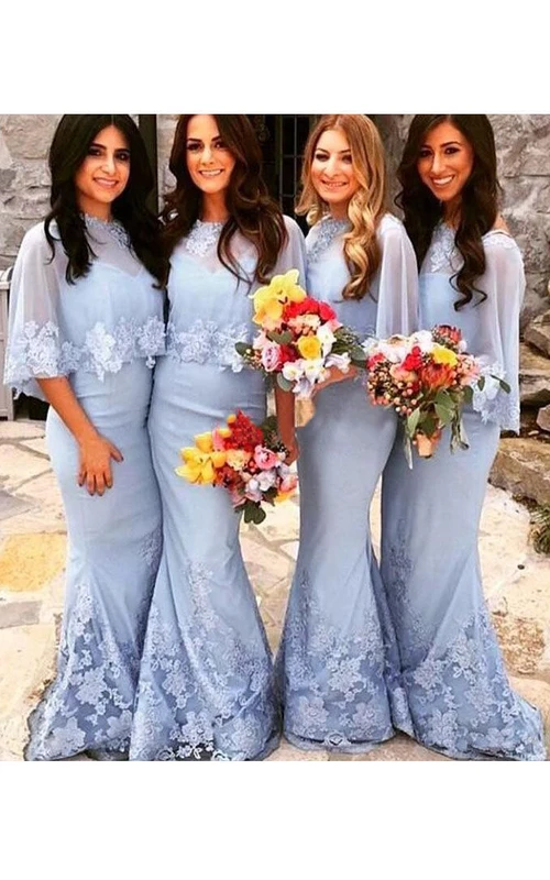 Meerjungfrauenkleid, bodenlang, mit Muschelsaum, Applikationen, Reißverschluss und Spitze