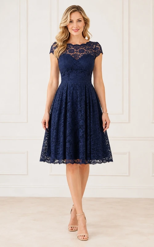 Dark Navy Lace Jewel Neck Cap Sleeve A-Line Knee-Length Dress