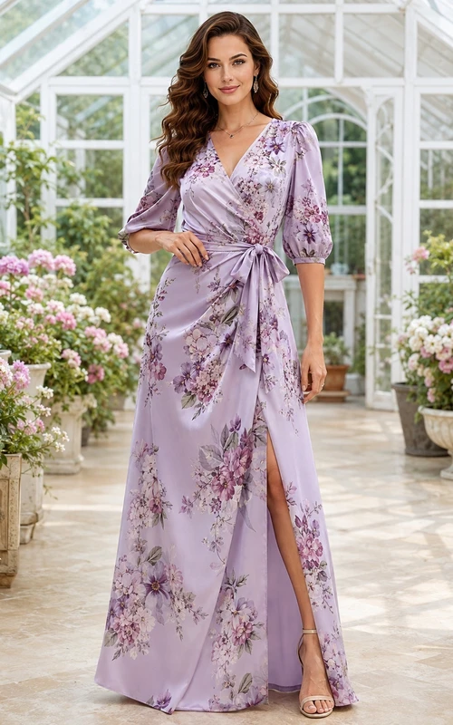 Lavender Floral V-Neck Three-Quarter Sleeve Satin A-Line Floor-Length Split Guest Dress