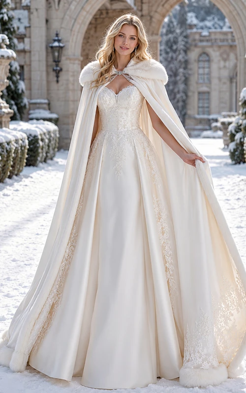 Winterliches Cape-Brautkleid mit Pelzbesatz, A-Linie und Schleppe