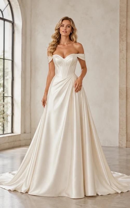 Vestido de novia formal, sencillo, romántico y elegante, con hombros descubiertos, edición B, corte en A.