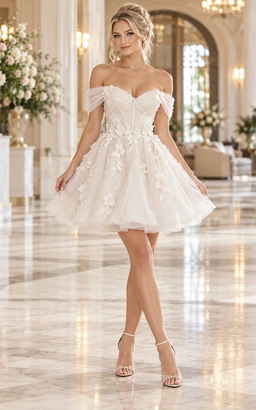 Short Off Shoulder Corset Floral Tulle A-line Romantic Wedding Dress