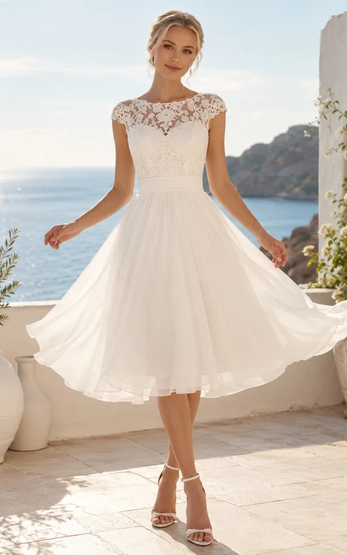 Weißes Kleid in A-Linie mit floraler Spitze, kurzen Ärmeln und Teelänge