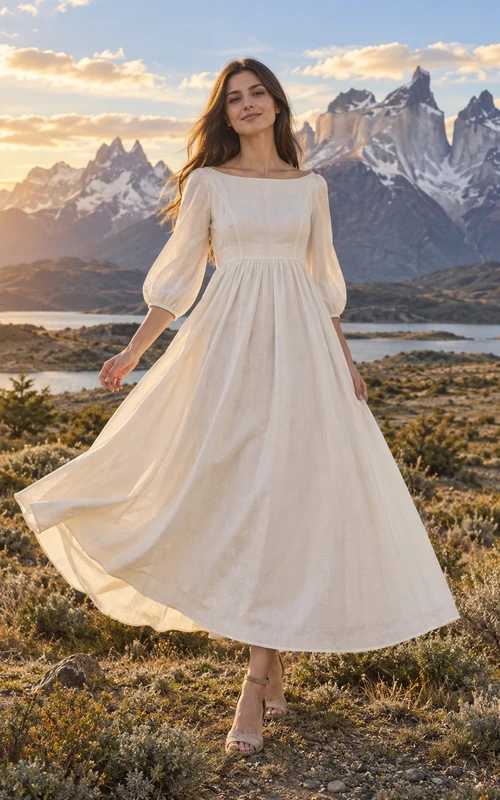 Sencillo vestido de novia de popelina de largo midi con escote barco, mangas tres cuartos y falda fruncida.