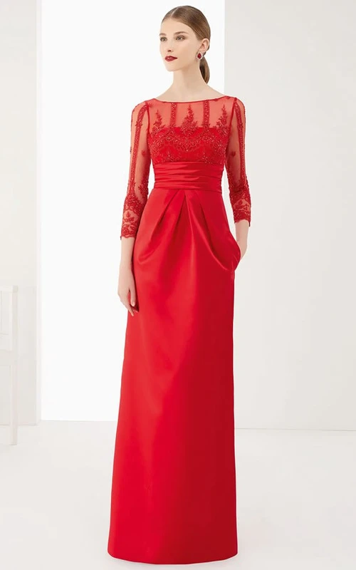 Vestido de fiesta de satén ajustado, largo hasta el suelo, con mangas tres cuartos, apliques y escote barco.
