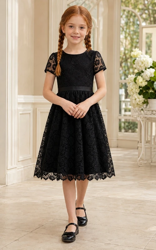 Schwarzes Vintage-Blumenmädchenkleid mit kurzen Ärmeln, Schärpe und A-Linien-Schnitt, knielang.