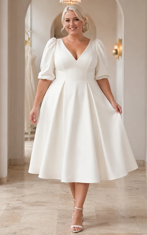 Vestido de novia vintage de satén con escote en V y mangas abullonadas, talla grande, largo hasta la rodilla