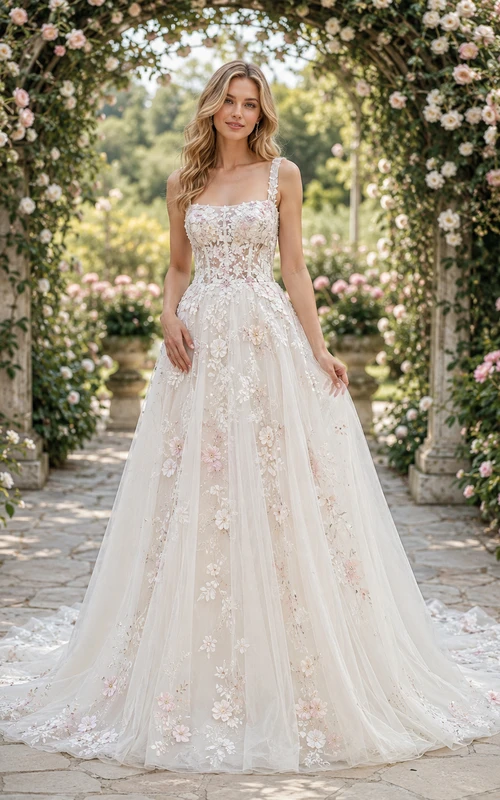 Square Neck Floral Applique Tulle Spring Garden Bridal Gown