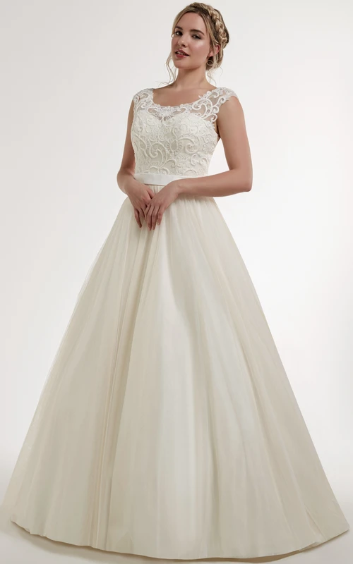 Ball-Gown Sleeveless Floor-Length Appliqued Scoop Satin Wedding Dress With Low-V Back And Court Train
