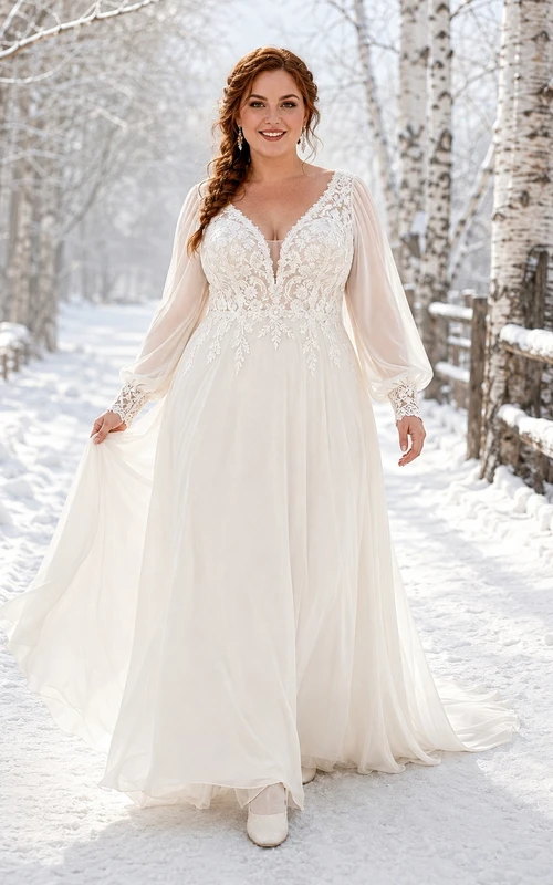 Plus Size Langarm-Chiffon-A-Linien-Winter-Hochzeitskleid im Boho-Stil mit V-Ausschnitt