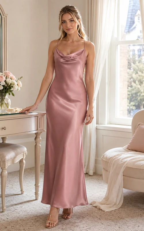robe nuisette mauve à col bénitier et fines bretelles spaghetti en charmeuse, longueur cheville