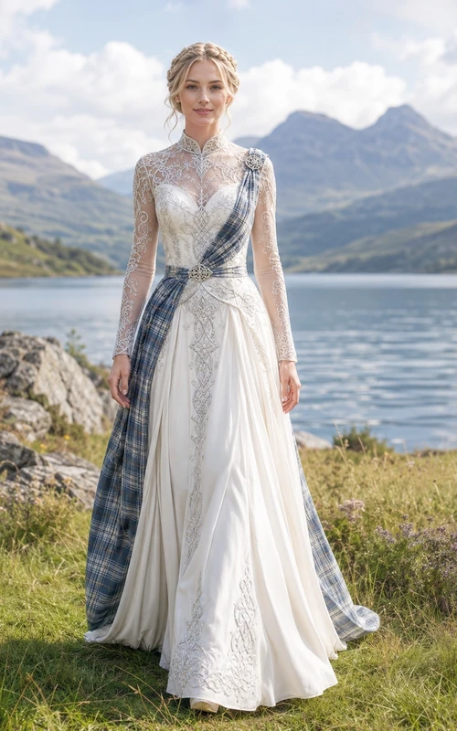 Schottisches, keltisches Tartan-Drapé, langärmeliges, hochgeschlossenes, A-Linien-Brautkleid aus Spitze, schlicht und elegant