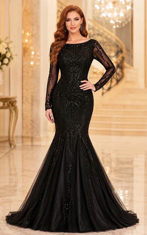 Vestido formal de lujo negro con escote barco, mangas largas ilusión, lentejuelas y cola de sirena.