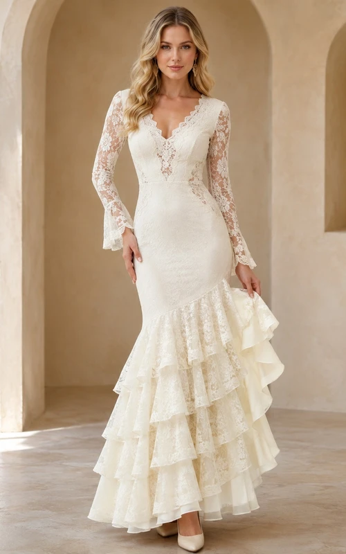 Vintage Ivory V-Neck Long Bell Sleeve Lace Mermaid Tiered Floor-Length Flamenco Dress