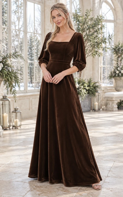 Vestido de dama de honor de terciopelo espresso con cuello cuadrado y mangas tres cuartos estilo obispo para invierno