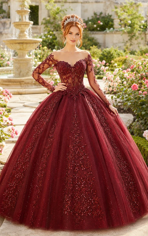 Burgundy Long Sleeve Tulle Ball Gown with Dense Applique and Embroidery