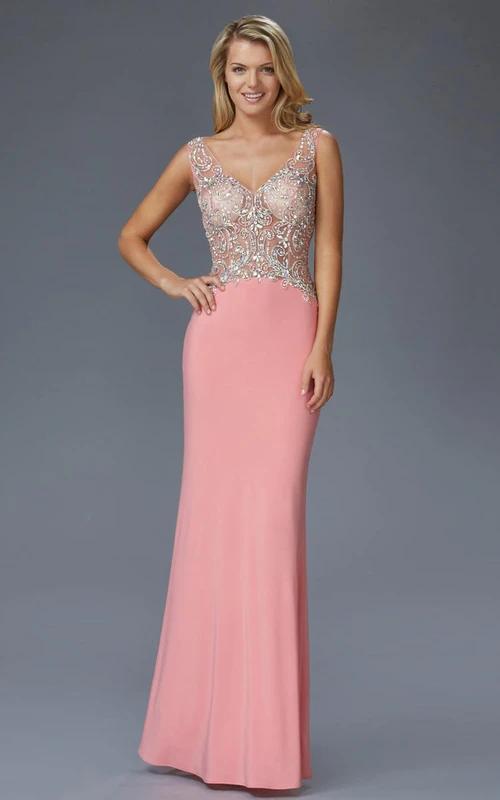 Sheath Long V-Neck Sleeveless Jersey Keyhole Dress With Beading