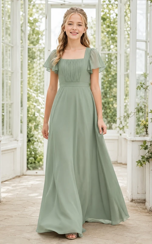 Vestido de dama de honor juvenil color celadón, corte en A, manga corta cuadrada, falda abullonada/globo, gasa, estilo romántico.
