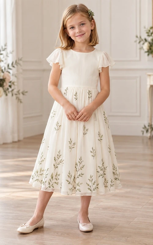 Schlichtes, schlichtes cremefarbenes Teelängenkleid aus Chiffon mit zarten, flatternden Ärmeln und Zweigmuster, A-Linien-Schnitt und Juwelenmuster für Blumenmädchen