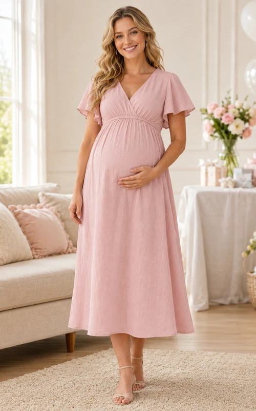 Vestido de maternidad informal de punto rosa rubor con cuello en V y mangas con volantes, largo hasta la rodilla.