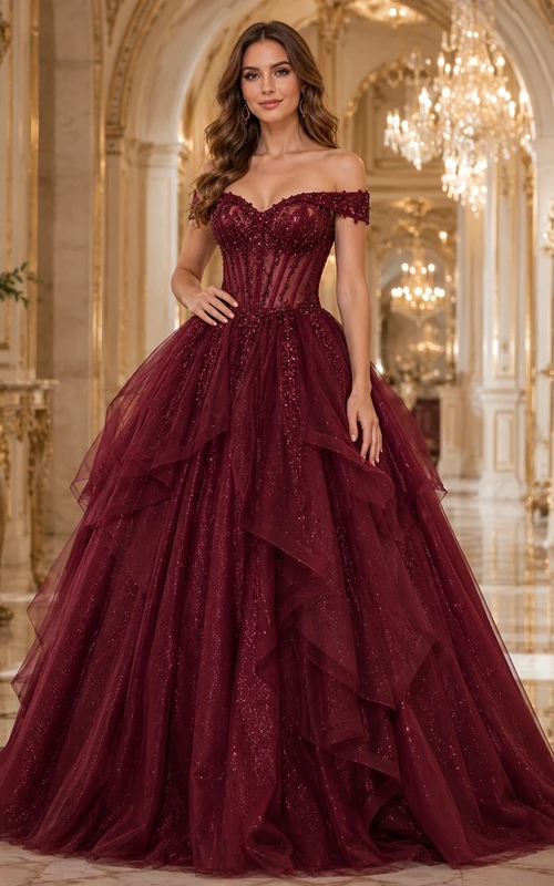 Vestido de gala formal con hombros descubiertos, tul, volantes y largo hasta el suelo, ideal para fiestas de disfraces.