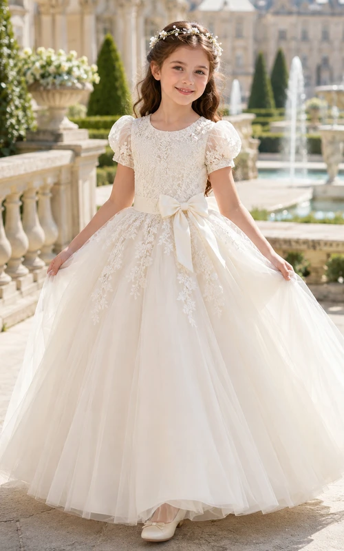 Regal Jewel Neck Puff Sleeve Lace Communion Ball Gown