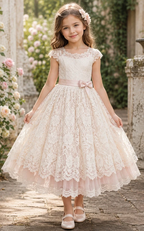 Robe de demoiselle d'honneur asymétrique en tulle et dentelle, coupe trapèze, manches courtes, col rond et ceinture.