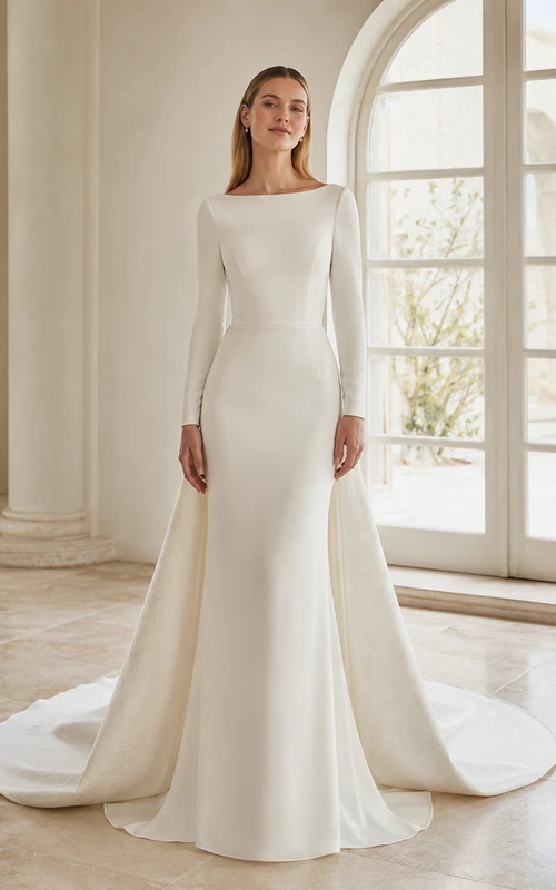 Robe de mariée minimaliste en satin poli, col bateau, manches longues cintrées, fourreau et traîne courte.