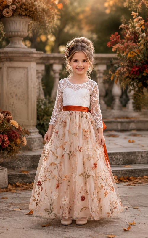 Elfenbeinfarbenes Boho-Blumenmädchenkleid mit langen Ärmeln, A-Linie, Spitze, floralen Details und Schleifenschärpe