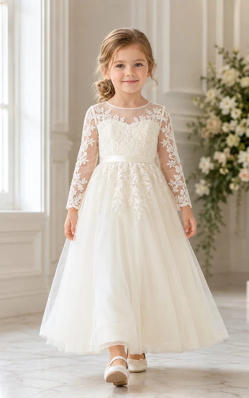 Lace Long Sleeve Illusion Neck Tulle Floor-Length A-Line Formal Flower Girl Dress