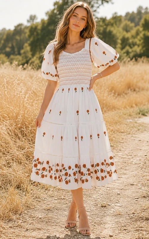 Weißes, besticktes, florales Midi-Kleid mit eckigem Ausschnitt und kurzen Ärmeln für besondere Anlässe