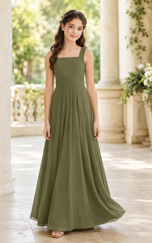 Vestido de dama de honor juvenil verde oliva, corte en A, sin mangas, sencillo y formal.