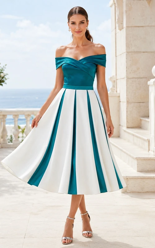 Vestido de cóctel vintage de los años 50, de satén a rayas color verde azulado, con hombros descubiertos y corte en A, largo hasta la rodilla.