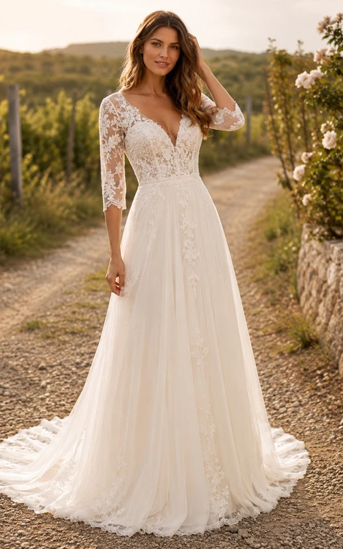 Vestido de novia de tul y encaje campestre, corte en A, escote cuadrado, manga larga, cola de capilla.