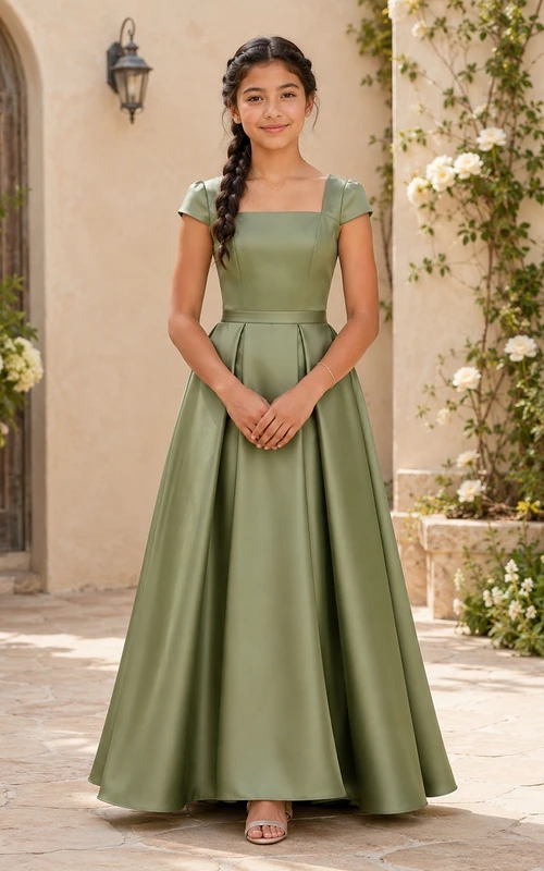 Celadonfarbenes Brautjungfernkleid für junge Mädchen, A-Linie, eckig, kurze Flügelärmel, elegant, aus Satin