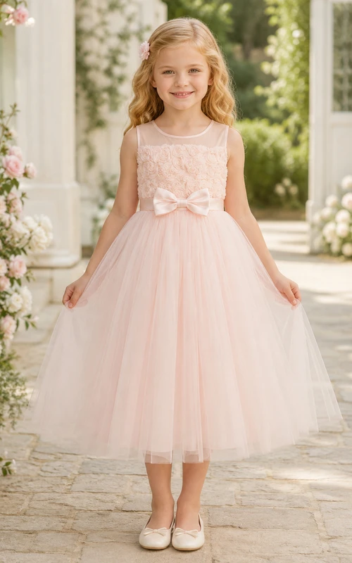 Vestido de niña de flores de tul con mangas abullonadas, corte en A, cuello joya, falda a media pierna y detalle de lazo.