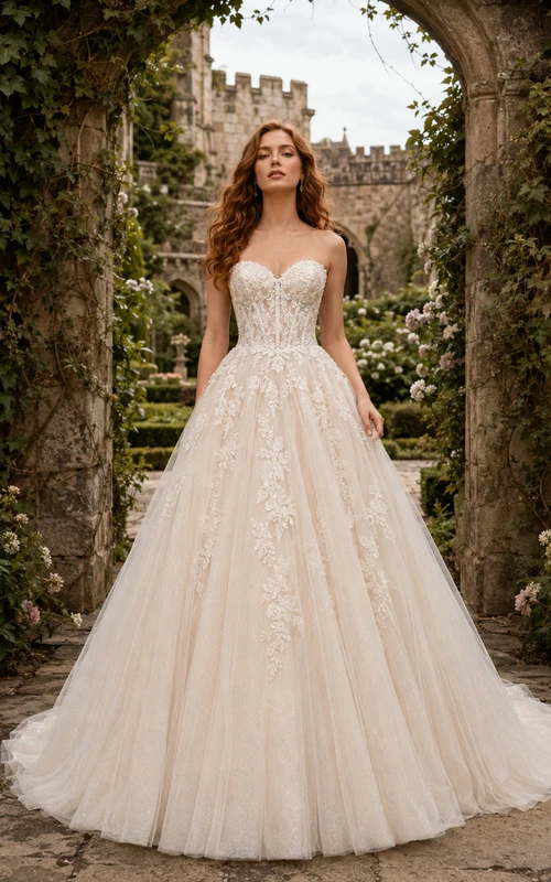 Brautkleid aus Spitze, herzförmigem Design, Schlossgarten, Tüll, Ballkleid