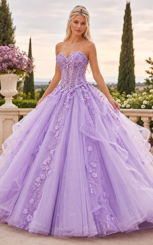 Lilac Luxury Strapless Sweetheart Drop Waist Layered Floral Sweet Sixteen Princess Ball Gown