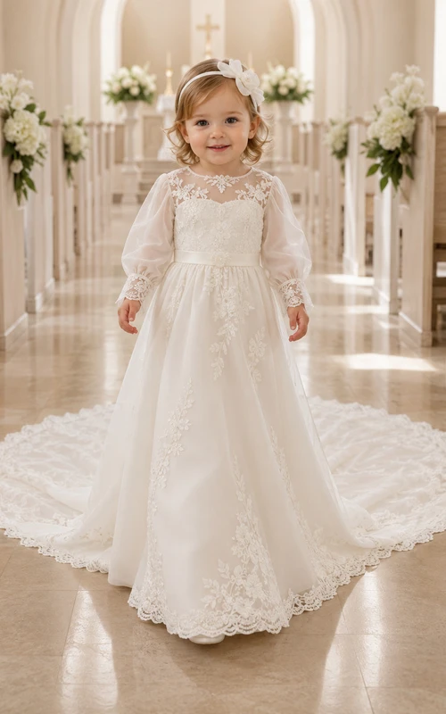 Vestido de lujo modesto para ceremonia de bautizo de bebé, corte A, largo hasta el suelo, cola catedral, cuello joya, manga larga, tul, encaje, lazo en la espalda, botones en la espalda.