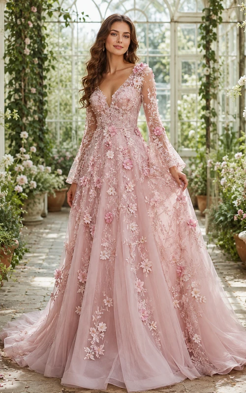 Blush Long Bell Sleeve 3D Floral Garden Bridal Gown
