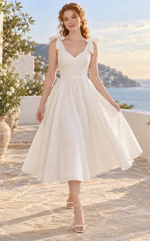 Vestido de novia acampanado de largo midi con escote en V sencillo, tirantes con lazo y tejido seersucker texturizado.