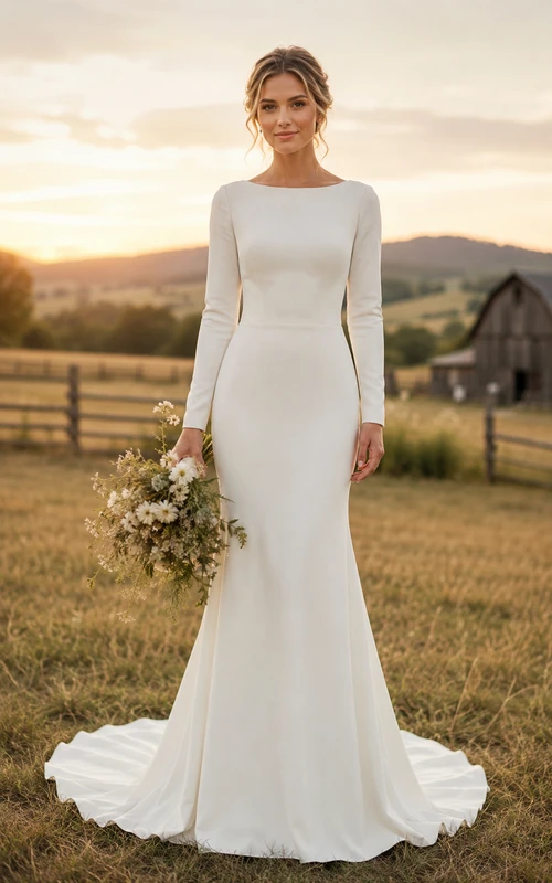 Country Bateau Satin Mermaid/Trumpet Wedding Dress with Buttons