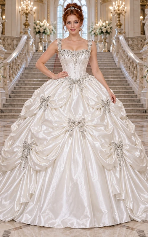 Vestido de novia de gala con escote cuadrado, tirantes de cristal, detalles de satén y lazos enjoyados.
